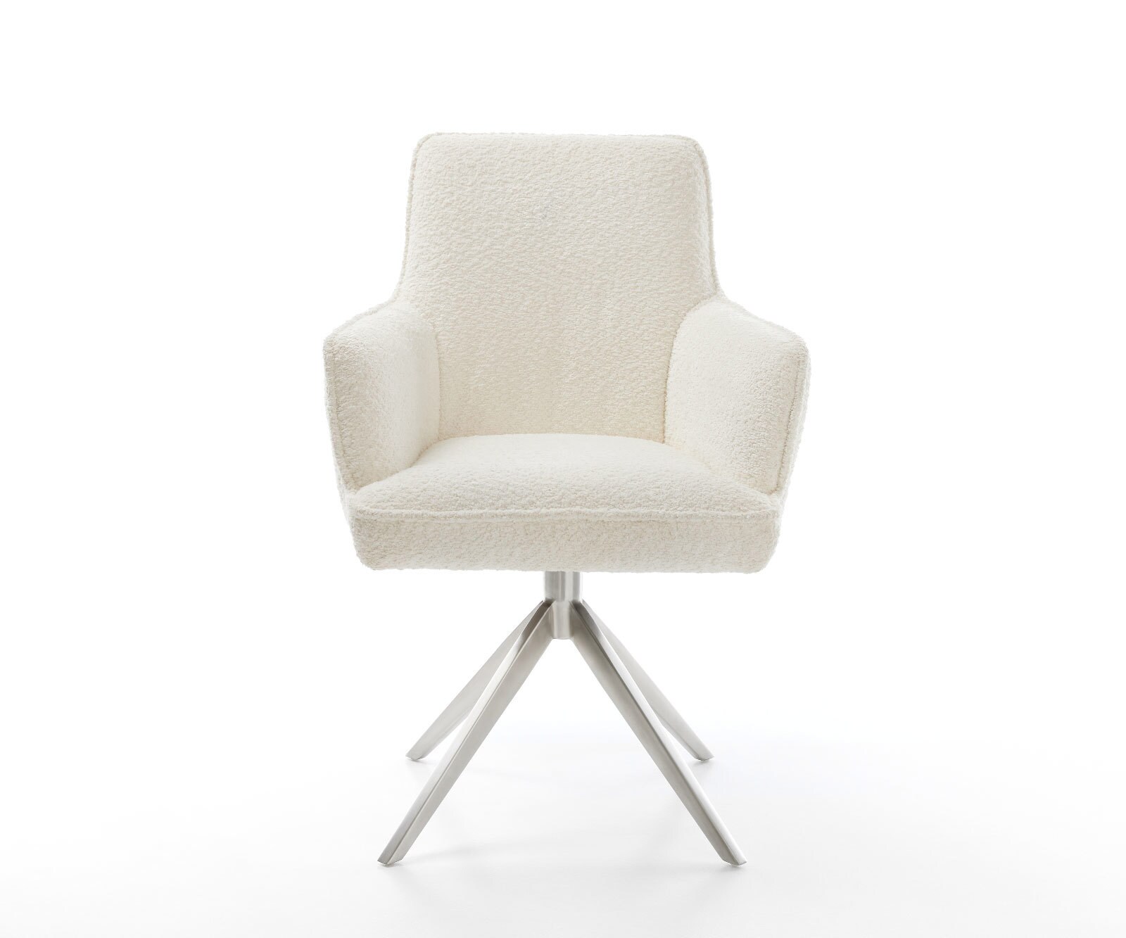 Chaise-pivotante Heira-Flex bouclé blanc pied croisé large acier inoxydable brossé pivotement sur 360° fonction bascule ressorts ensachés